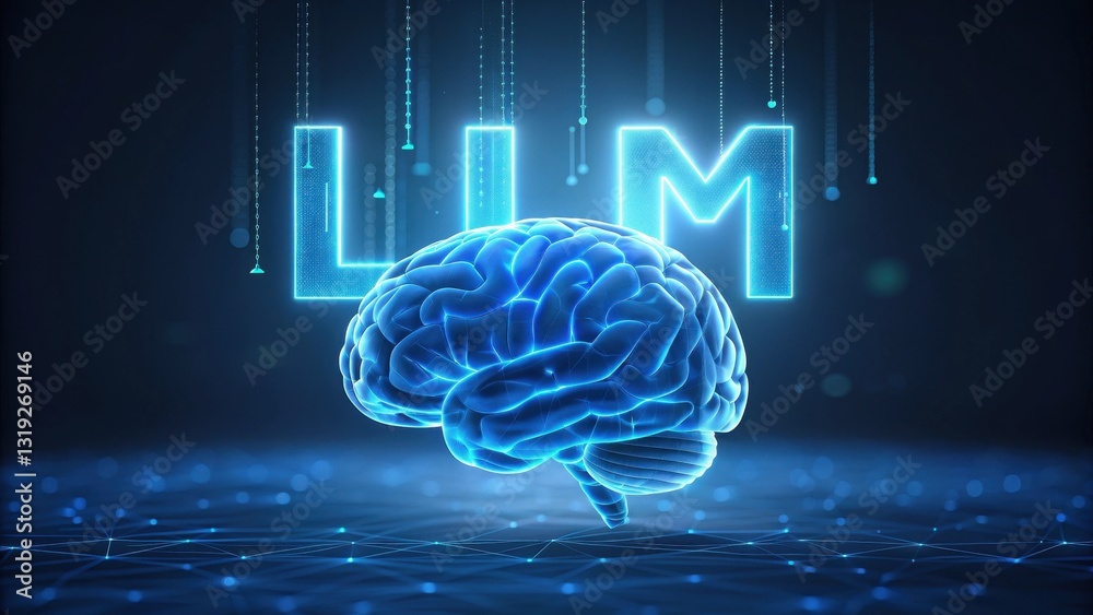 Poster llm large language models. digital brain illustration with glowing elements and the text 