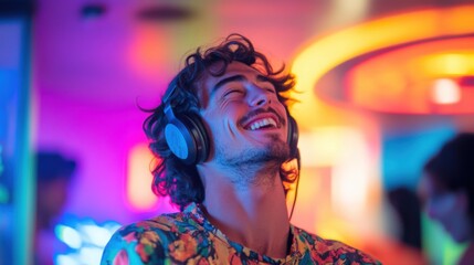 Fototapeta premium Man enjoying music with headphones in vibrant neon lighting