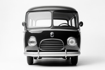 A vintage black van seen from the front against white background