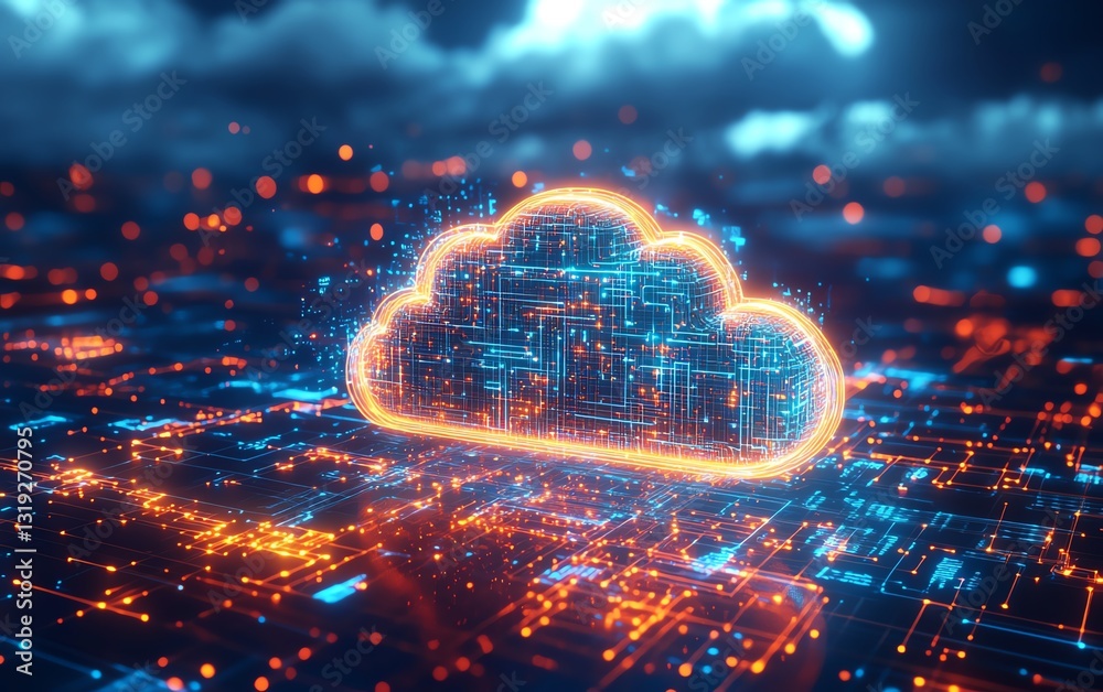 Poster a digital cloud with glowing circuits over a network, illustrating api data flow and highspeed infor