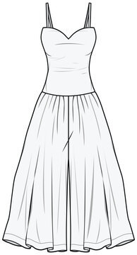 Strap Sweetheart Neck Wide Leg Baggy Pant Jumpsuit Fashion Flat Sketch Vector Illustration, CAD, Technical Drawing, Flat Drawing, Template, Mockup.