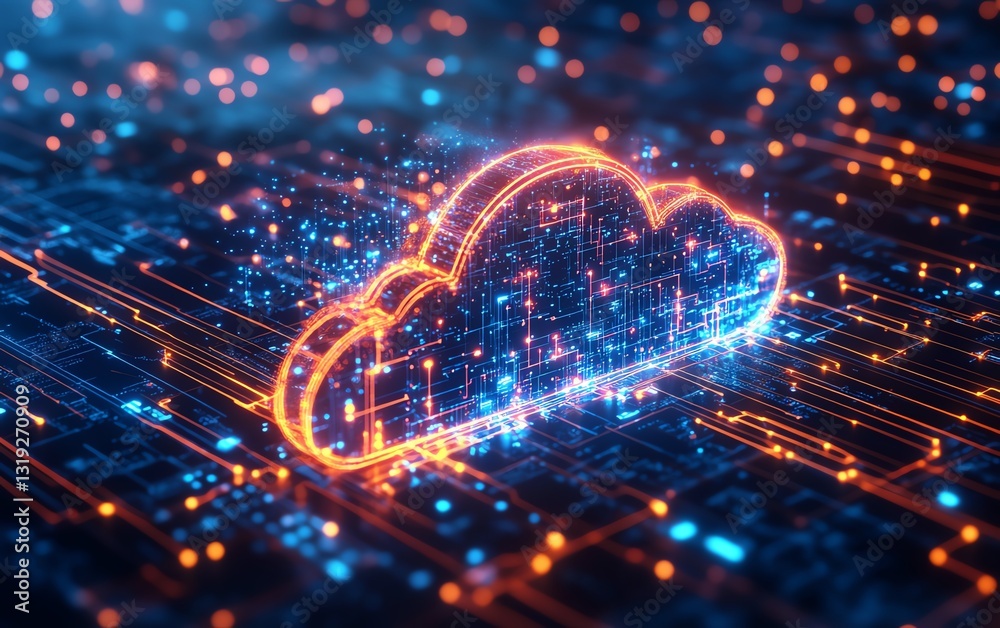 Poster a digital cloud with glowing circuits over a network, illustrating api data flow and highspeed infor