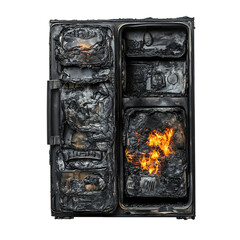 Charred Refrigerator with Melted Plastic and Scorched Metal Isolated on Transparent Background