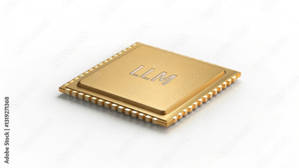 Poster llm large language models. golden microchip on a white background showcasing advanced technology.