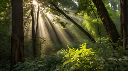 Obraz premium Sun Rays Piercing Through a Dense Green Forest 