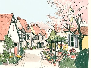 Illustration of a charming little French village with pastel-colored buildings