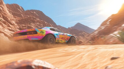 Colorful Sports Car Racing Through Desert Landscape at Sunset