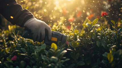 Person in gardening gloves carefully uses an electric trimmer on lush green bushes amidst colorful flowers during sunset