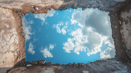 Skyward Gaze: A unique perspective offers a glimpse of the celestial realm framed by the textured embrace of weathered stone, inviting introspection and a connection with the boundless sky.