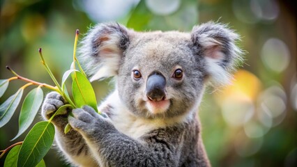 Obraz premium Adorable Koala Bear Cub Gently Holding Eucalyptus Leaves in a Lush Natural Habitat