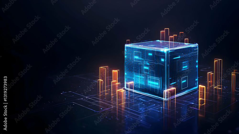Poster 3d rendered glowing blue digital cube with futuristic data network connection on dark background wit