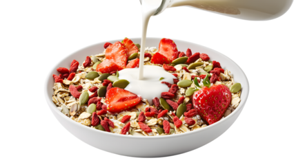 Bowl of Muesli with Strawberries, Goji Berries, Pumpkin Seeds & Almond Milk Pour | Transparent

