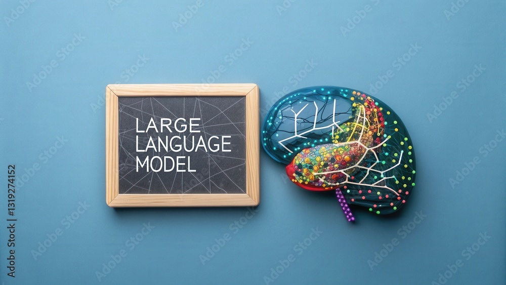 Poster llm large language models. brain illustration next to a chalkboard displaying 