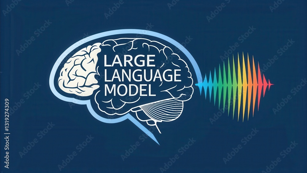 Poster llm large language models. brain illustration representing a large language model and sound waves on