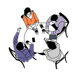 Coworkers coffee break. Business men and women Gathering Together for Informal Conversation, Meeting around the desk. Top view Vector hand drawn outline illustration isolated