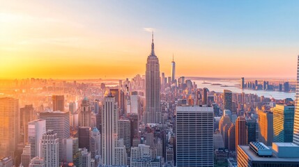 City skyline at sunrise, vibrant urban landscape with skyscrapers, warm golden hues, perfect for travel or lifestyle content.