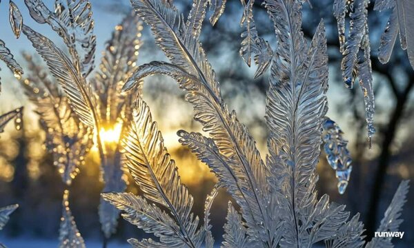 A close-up of feather-like frost patterns etched on a frozen windowpane, golden dawn light highlighting their delicate crystal latticework and sparkling prismatic edges against blurred snowy pines bey