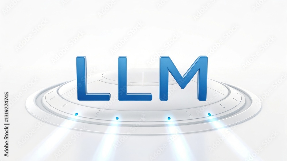 Poster llm large language models. 3d representation of the letters llm with beams of light on a white backg