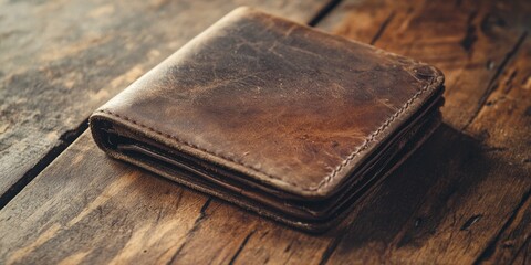 Brown Leather Wallet on Wooden Table