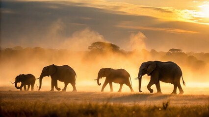 Fototapeta premium Majestic Elephants Silhouetted Against a Golden Sunrise in the African Savanna, Dust Rising as They Traverse the Serene Landscape