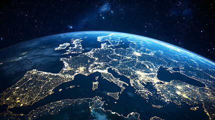 Fototapeta premium Illuminated Europe At Night From Space With Visible City Lights And Starry Background