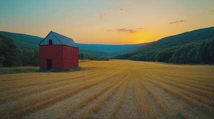 Red barn in golden field at sunset