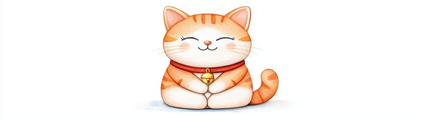 Fototapeta premium Adorable Watercolor Drawing of a Lucky Cat with a Charming Expression and Bell Collar