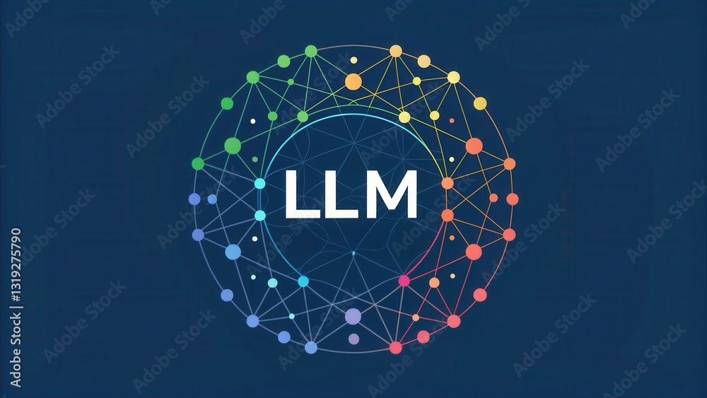 Poster llm large language models. abstract network design featuring the letters llm and colorful nodes on a
