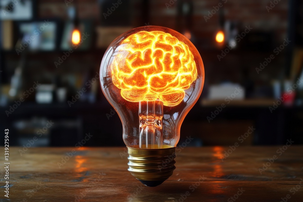 Wall mural the glowing light bulb with a brain pattern is a symbol of innovation and technological advancement.