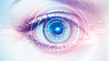 Big data AI predictive concept. Futuristic close-up of an eye with digital elements and a blue light focus.