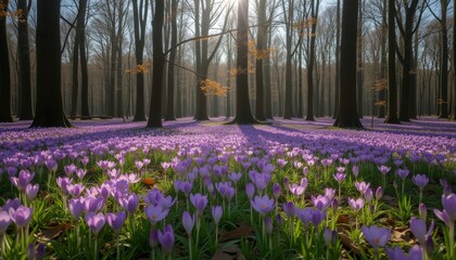  Forest floor covered with purple tulips under tall trees with sunlight filtering through