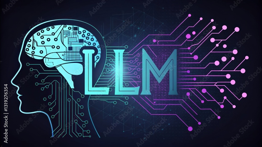 Poster llm large language models. brain illustration with circuits and the acronym llm, symbolizing artific