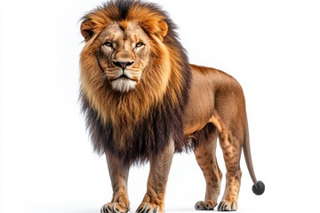A lion stands majestically, showing its powerful strength and graceful mane, on a white background.