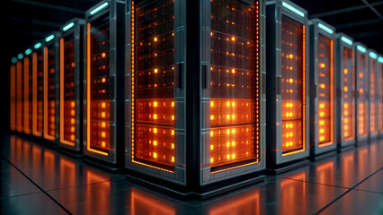 Big data cloud predictive concept. High-tech server room with illuminated racks and glowing components.