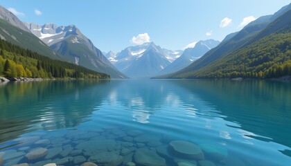  Mountain lake with clear blue waters reflecting the surrounding peaks