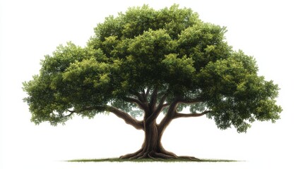 An intricately illustrated grand tree stands proudly with its robust trunk and sprawling branches. Its lush, green canopy spreads symmetrically, each leaf densely clustered, crafting a harmonious tape