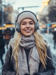 Woman with headphones and scarf