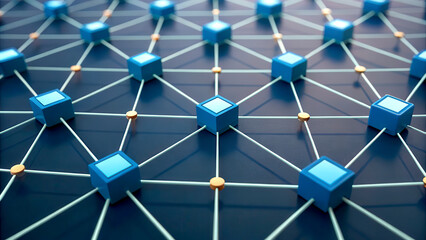 Big data analytics scalable concept. Abstract network design with blue cubes and connecting lines on a dark background.