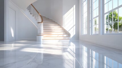Obraz premium Elegant white staircase in a modern home, showcasing clean lines and minimalistic design, inviting natural light and spacious ambiance