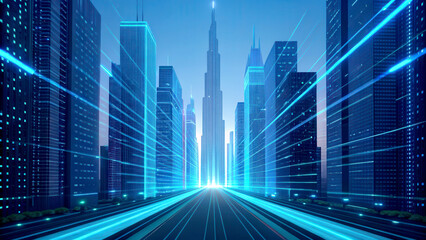 Obraz premium Big data analytics scalable concept. Futuristic cityscape with glowing buildings and a vibrant digital atmosphere.