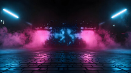 Dark scene with neon lights and smoke effect abstract background showcasing a futuristic stage with blue and pink illumination creating a vibrant and