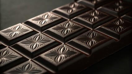 Chocolate bar mockup concept. Rich dark chocolate bars with intricate designs on a black surface.