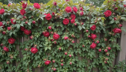 Fototapeta premium Red roses growing on a wooden fence with green leaves creating a vibrant display