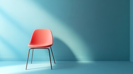 A Solitary Coral Chair Bathed In Sunlight Awaits A Visitor In A Tranquil Blue Room With Soft Light And Subtle Shadows