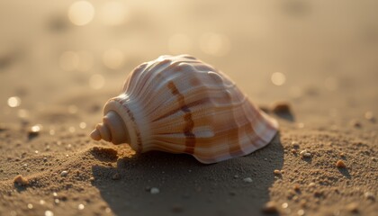  Striped Sea Shell on the Sand with Warm Sunlight Illuminating Its Surface