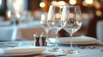 Elegant Table Setting: A close-up showcases a sophisticated table setting, with sparkling wine glasses, pristine linens, and polished silverware.