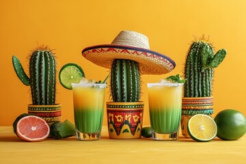 Happy Cinco de Mayo colorful party theme with bright color margarita drinks, Cactus in a sombrero and tequila margaritas on a table and yellow background. 