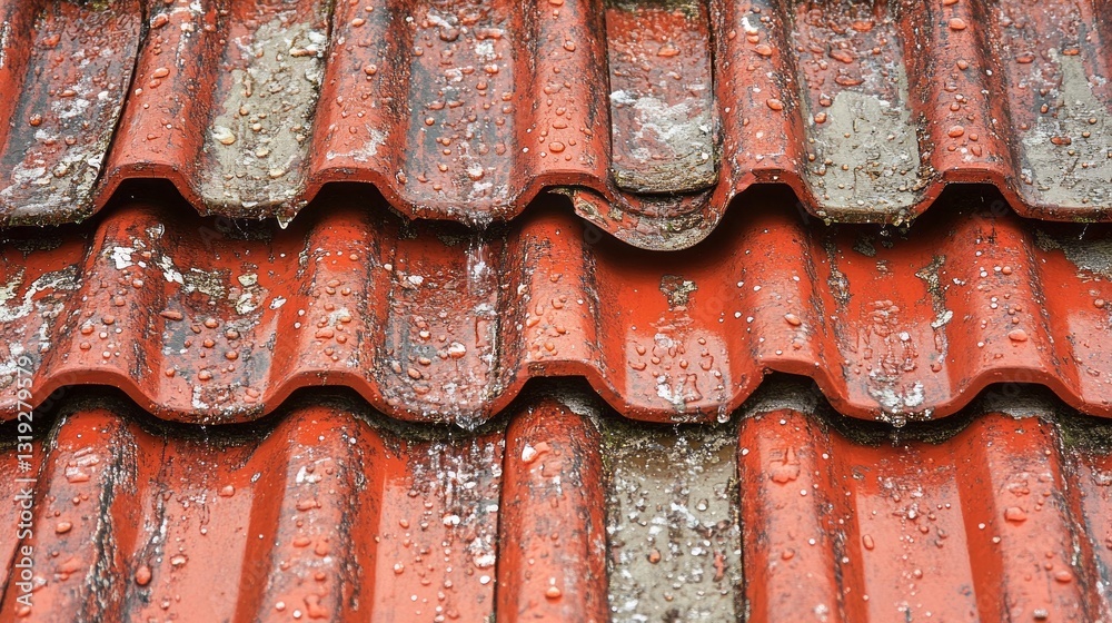 Poster droplets of rain cling to the textured surface of weathered red tiles on a roof, highlighting the in