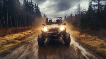 Off-Road Vehicle Adventure Through Rustic Landscape with Dramatic Sky