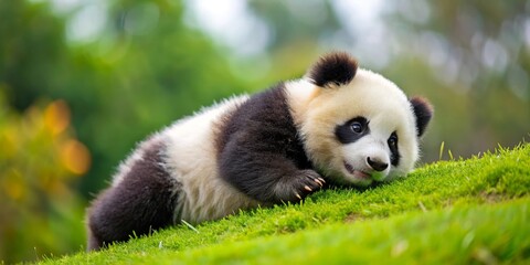 Adorable Young Panda Cub Resting on Lush Green Grass in a Natural Habitat